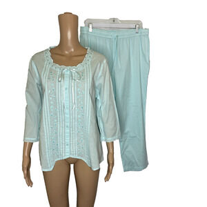 Women's Large Ella Simone Blue Button Front Bow Pleat Cotton Pajama Set